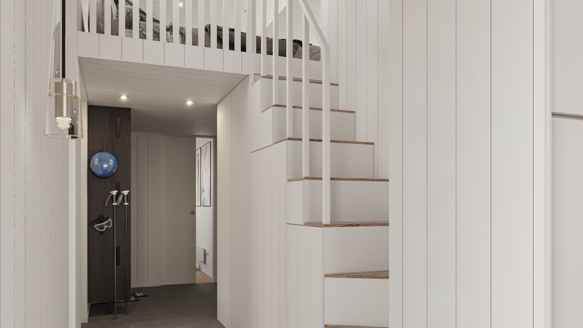 fritidshus hall med trappa