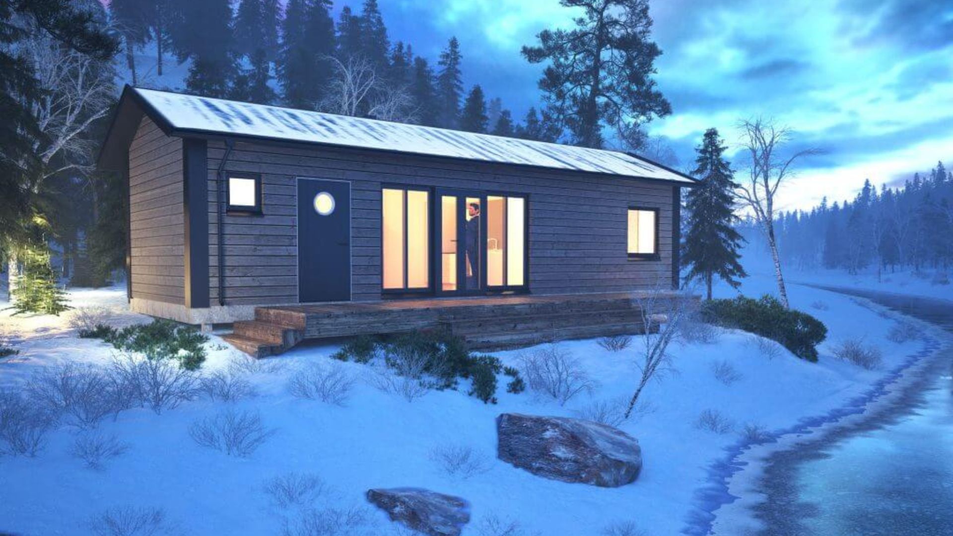 Fjällstuga exteriör vinter